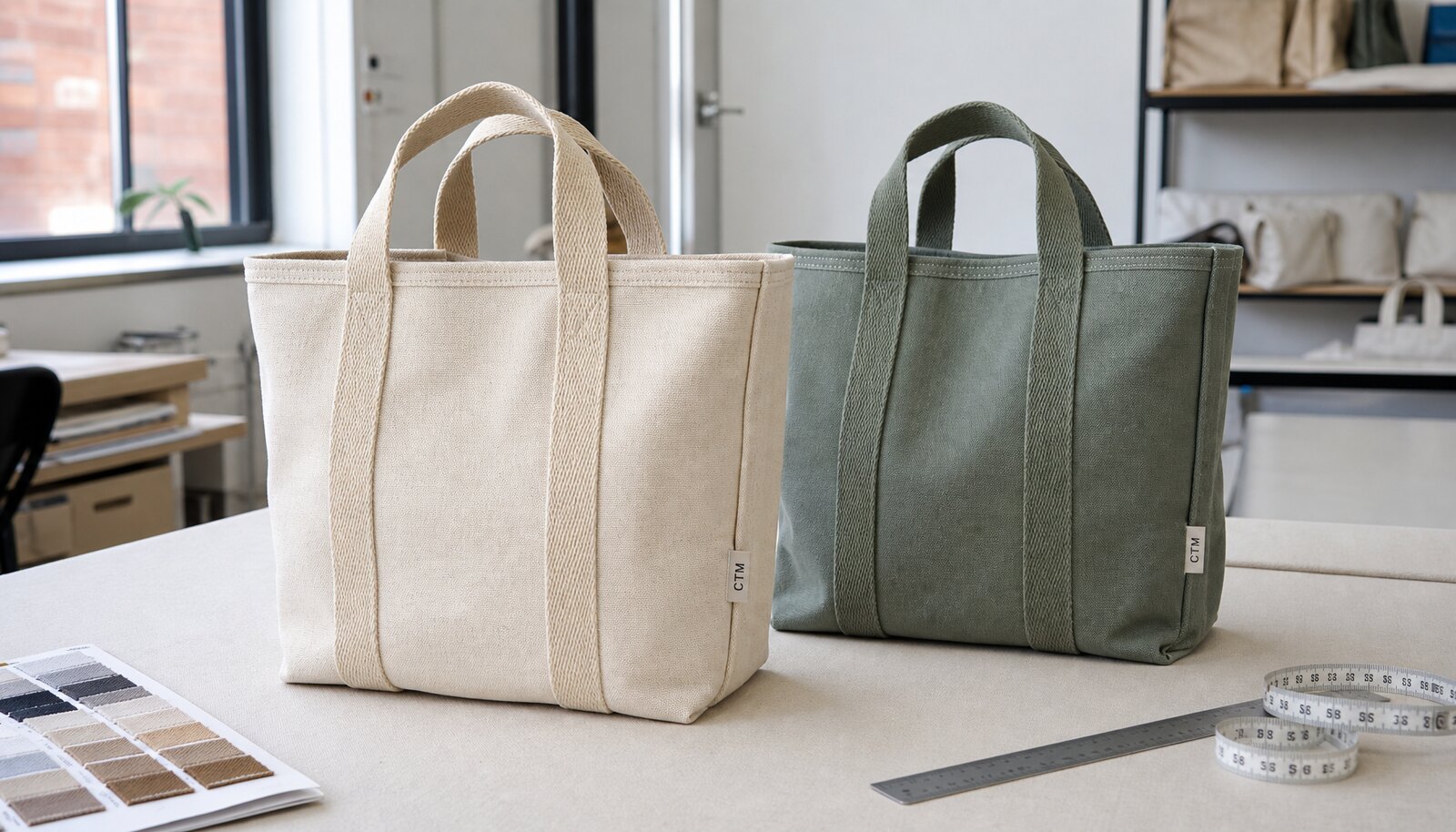 Photorealistic recycled canvas tote samples with a small CTM CottonToMaker label in a factory sample room.
