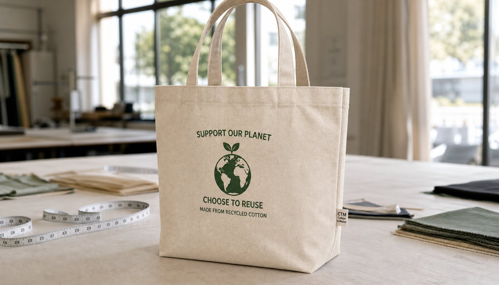 Recycled canvas tote bag with a sewn CTM sample label in a clean factory sample room