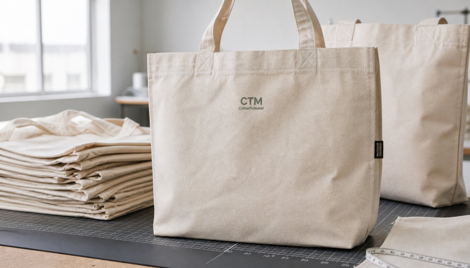 Photorealistic recycled canvas tote bag with a simple CTM CottonToMaker logo printed directly on the bag in a clean factory sample room