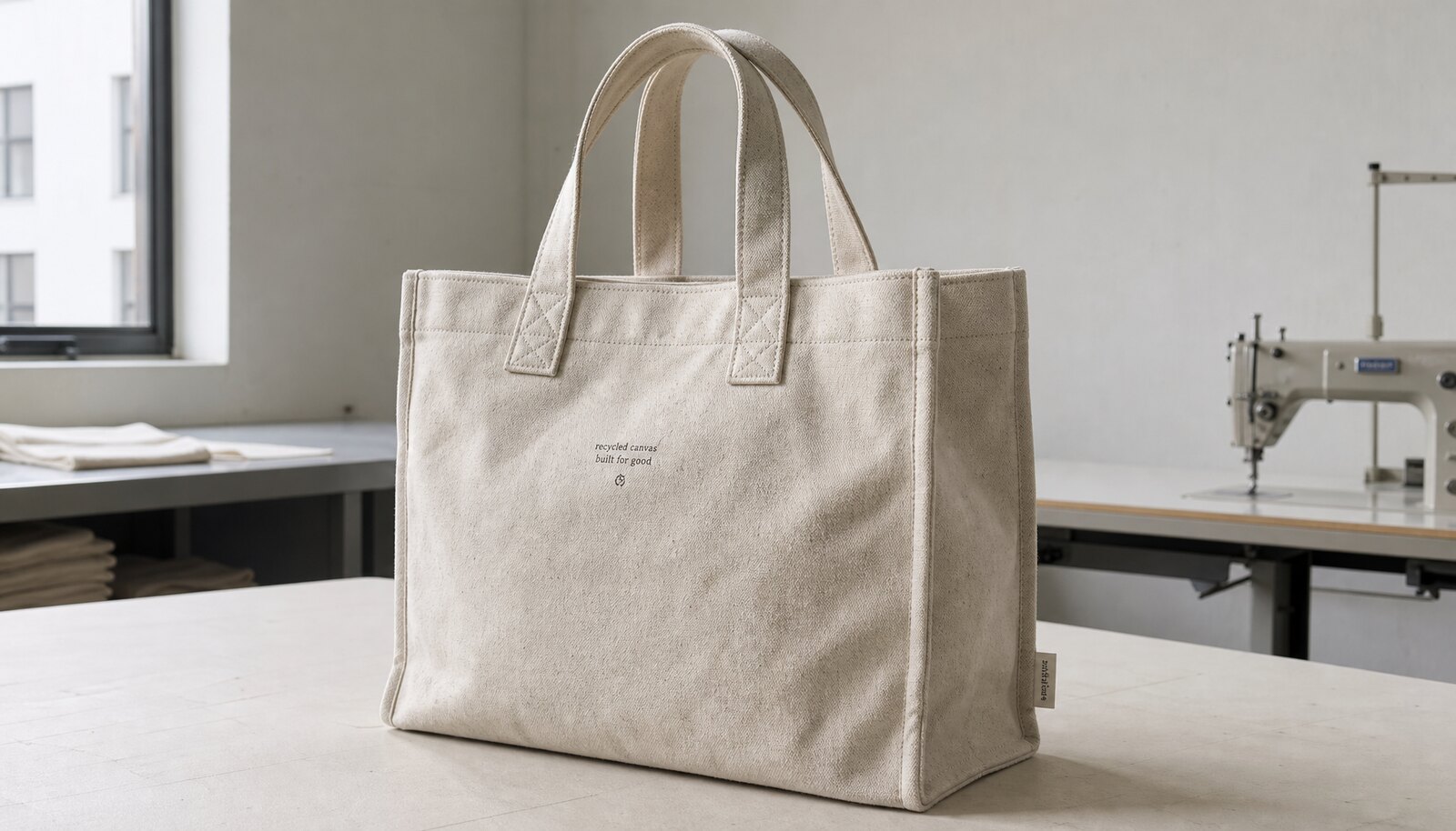 Recycled canvas tote bag with a small CottonToMaker side label in a clean factory sample room