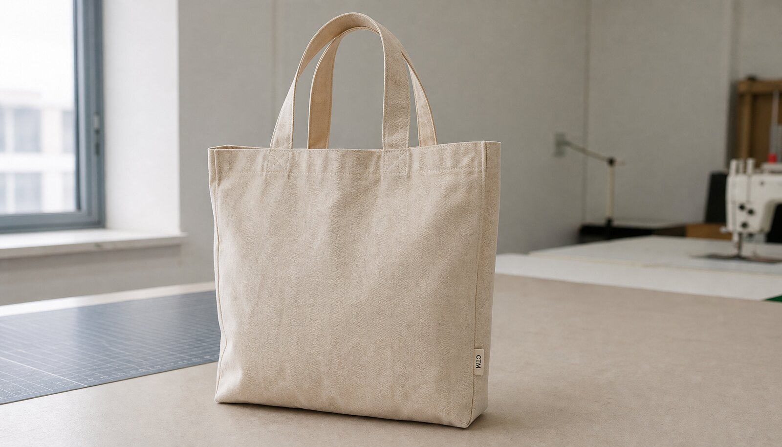 A recycled canvas tote with a small CTM stitched side label photographed in a clean factory sample room.
