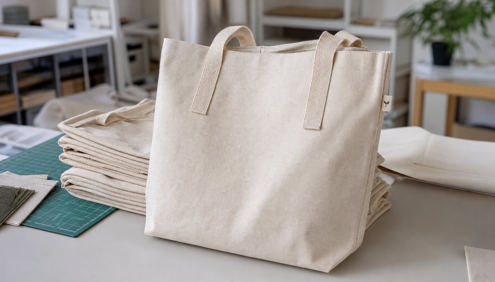 Recycled canvas tote bag with a sewn CTM CottonToMaker side label in a factory sample room