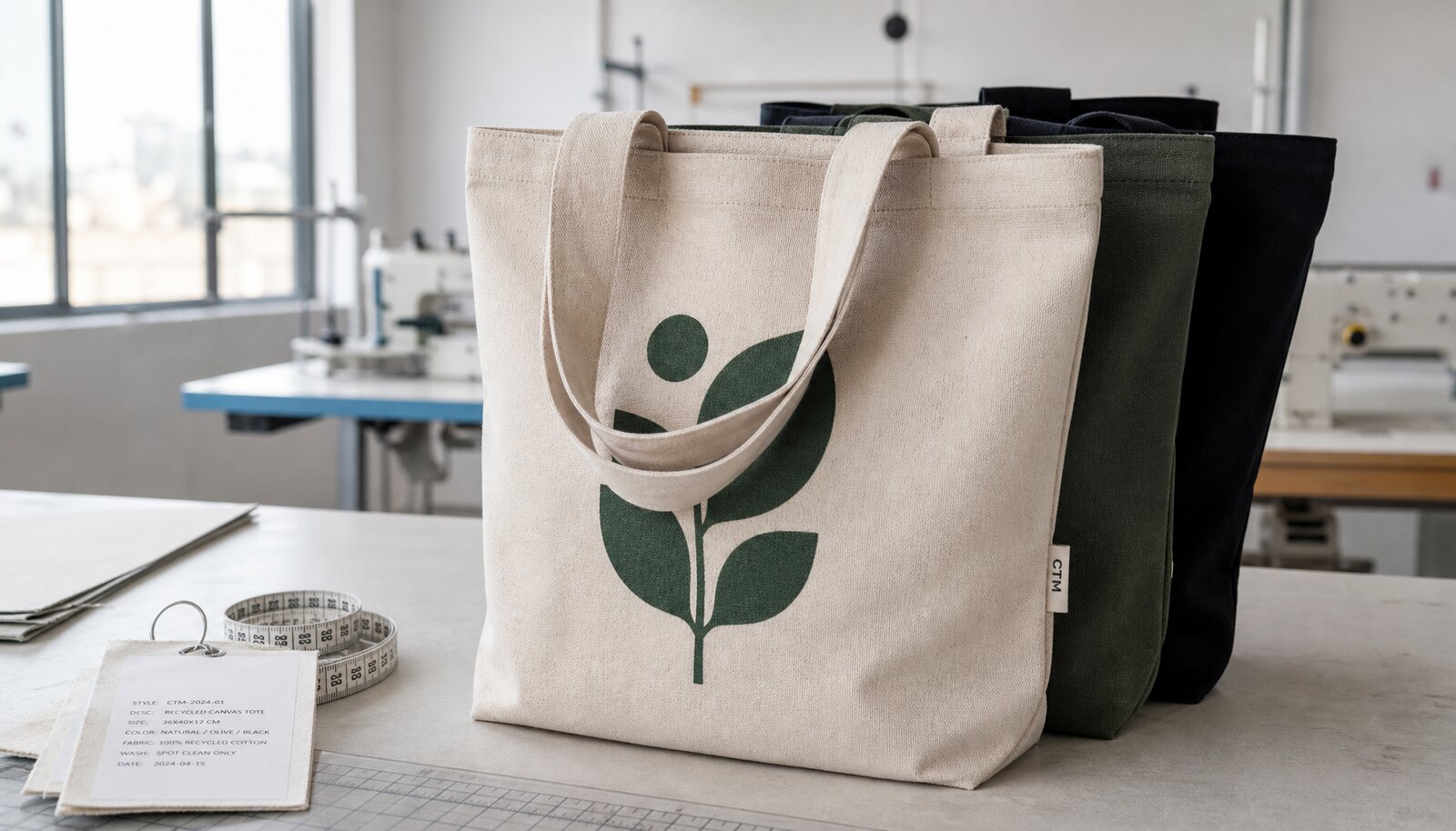 Recycled canvas tote bag with CTM/CottonToMaker side label in a factory sample room