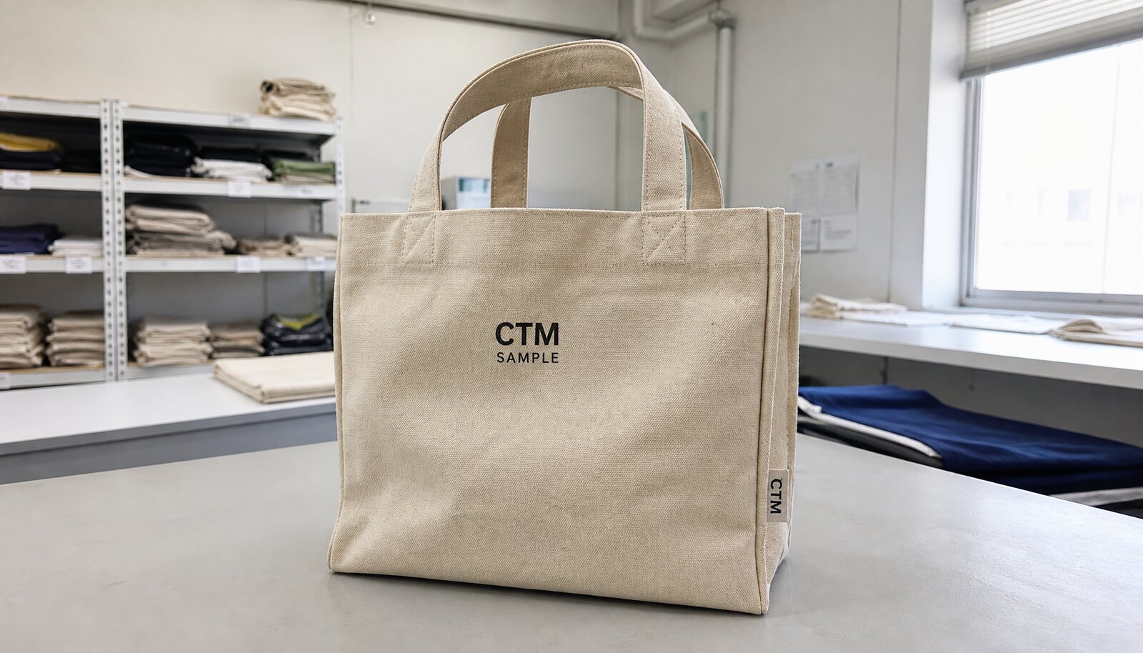 Recycled canvas tote bag with CTM sample logo in a clean factory sample room