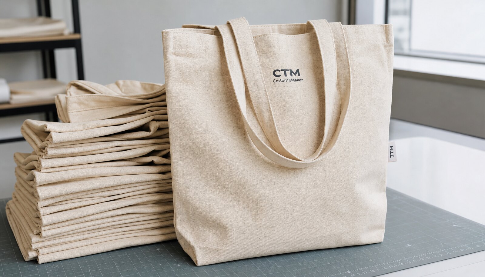 Recycled canvas tote bag with CTM CottonToMaker logo shown in a clean factory sample room