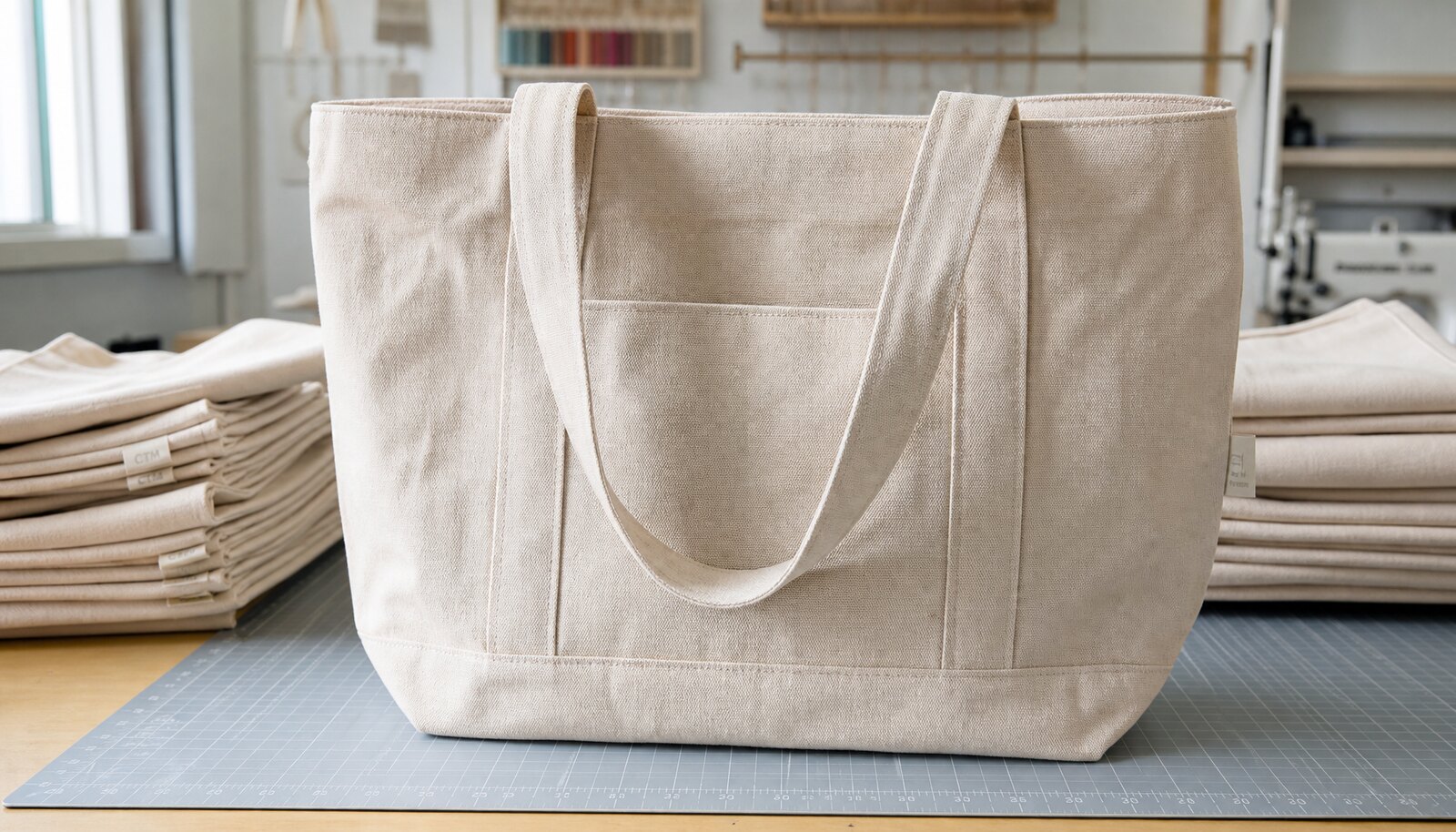 Recycled canvas tote bag with a simple CTM/CottonToMaker woven side label in a clean factory sample room