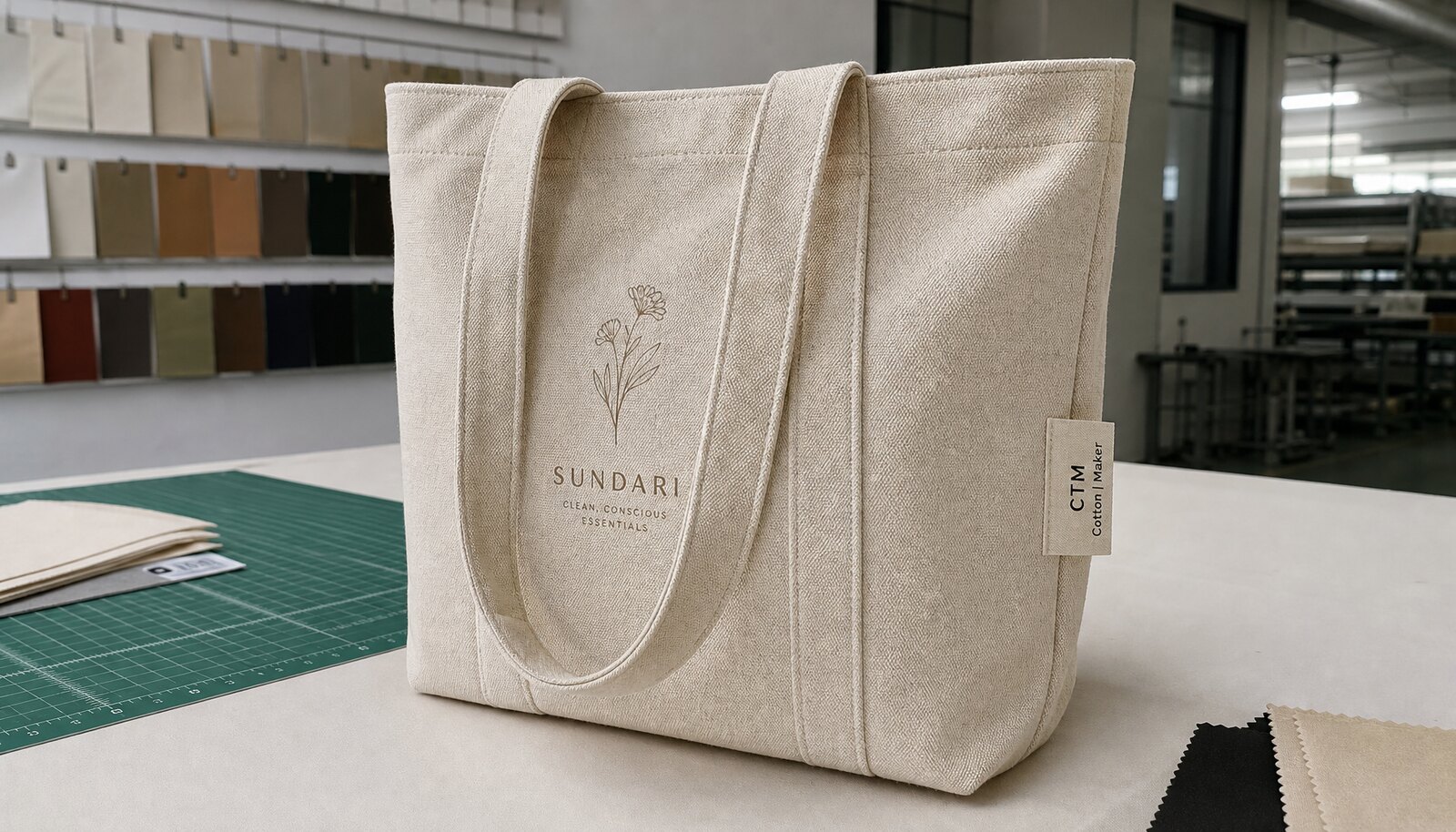 Recycled canvas tote bag with a CTM CottonToMaker side label shown in a clean factory sample room