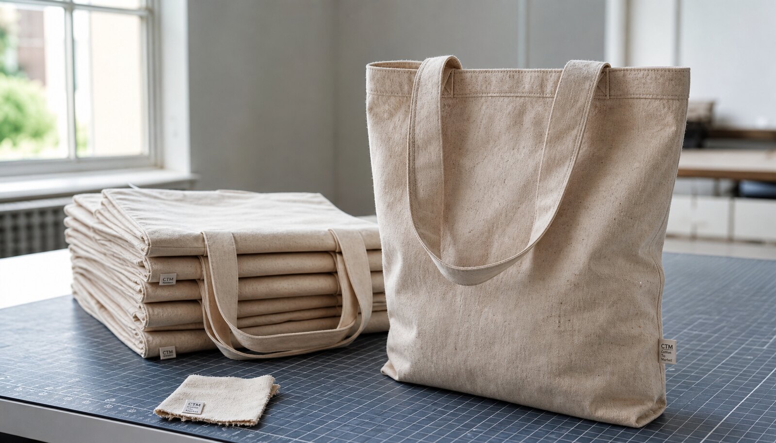Recycled canvas tote bag with a simple CTM sample logo in a factory sample room