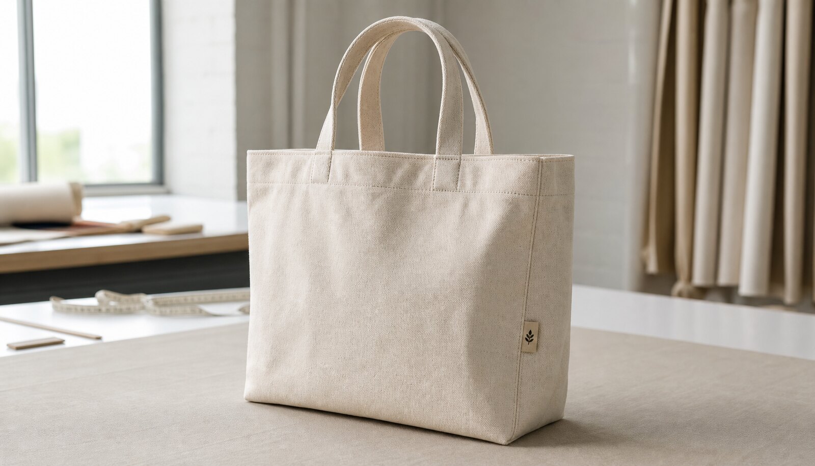 Recycled canvas tote with a simple CTM CottonToMaker side label in a clean factory sample room