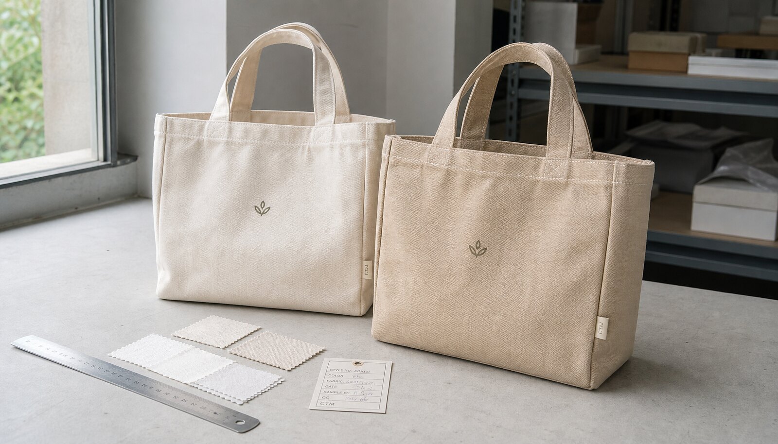 Photorealistic recycled canvas tote sample with a small CTM CottonToMaker side label in a factory sample room