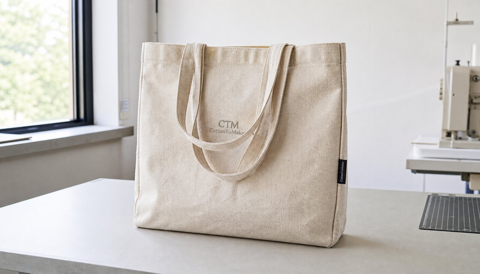 Recycled canvas tote bag with a simple CTM/CottonToMaker sample logo shown in a clean factory sample room.