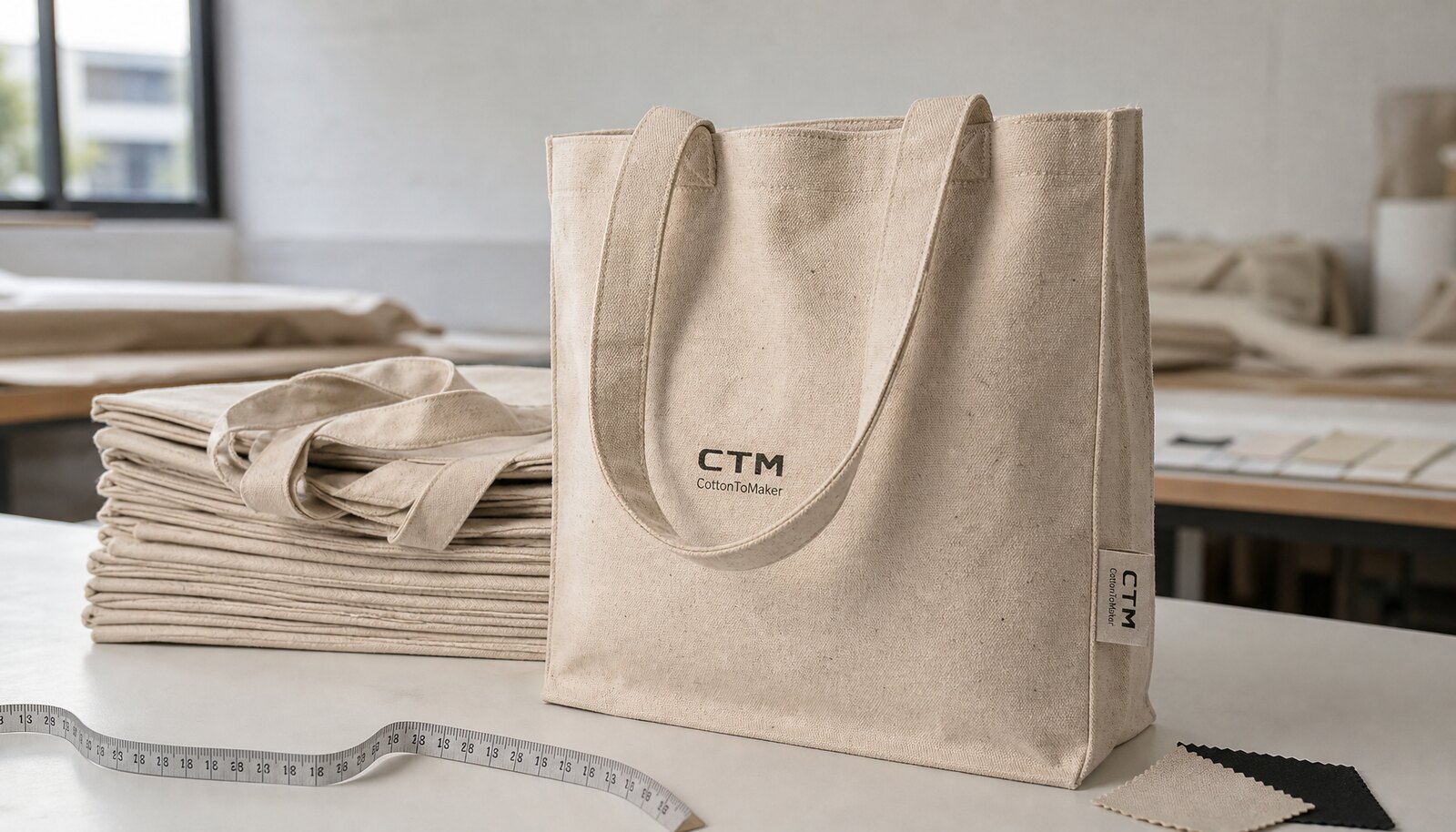 Recycled canvas tote bag with a simple CTM CottonToMaker side label in a factory sample room