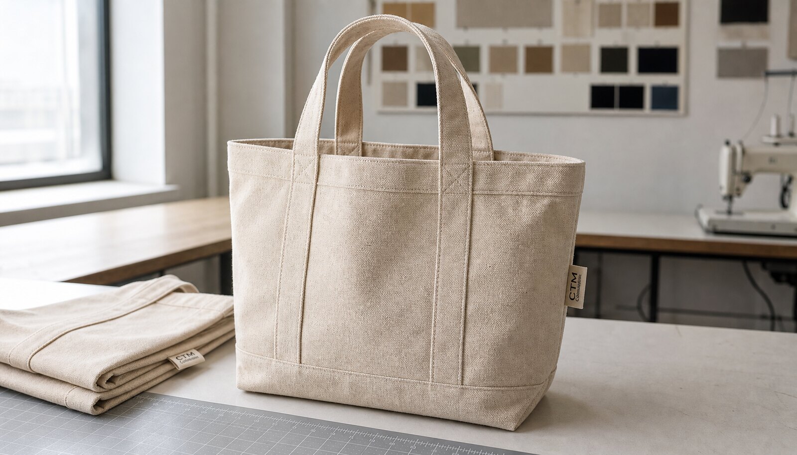 Recycled canvas tote sample with CTM CottonToMaker logo in a factory sample room