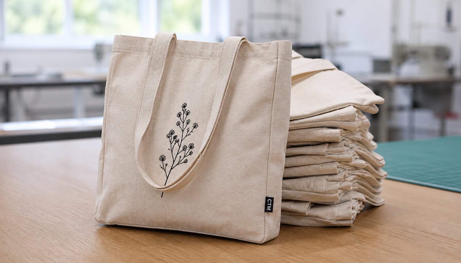 Recycled canvas tote bag with a small CTM CottonToMaker woven side label in a factory sample room