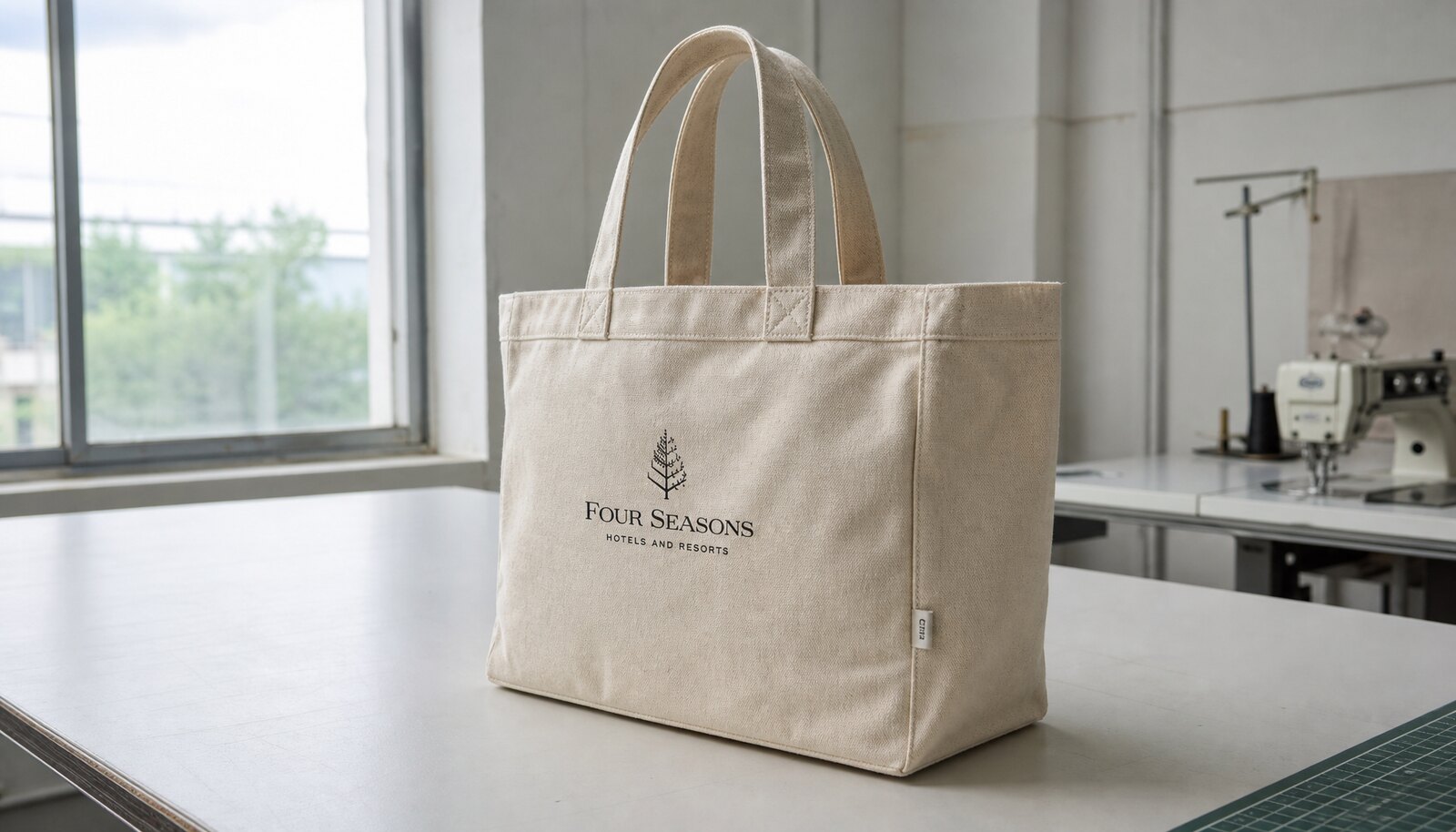 Recycled canvas tote bag with reinforced handles and a small CTM/CottonToMaker woven side label shown in a clean factory sample room