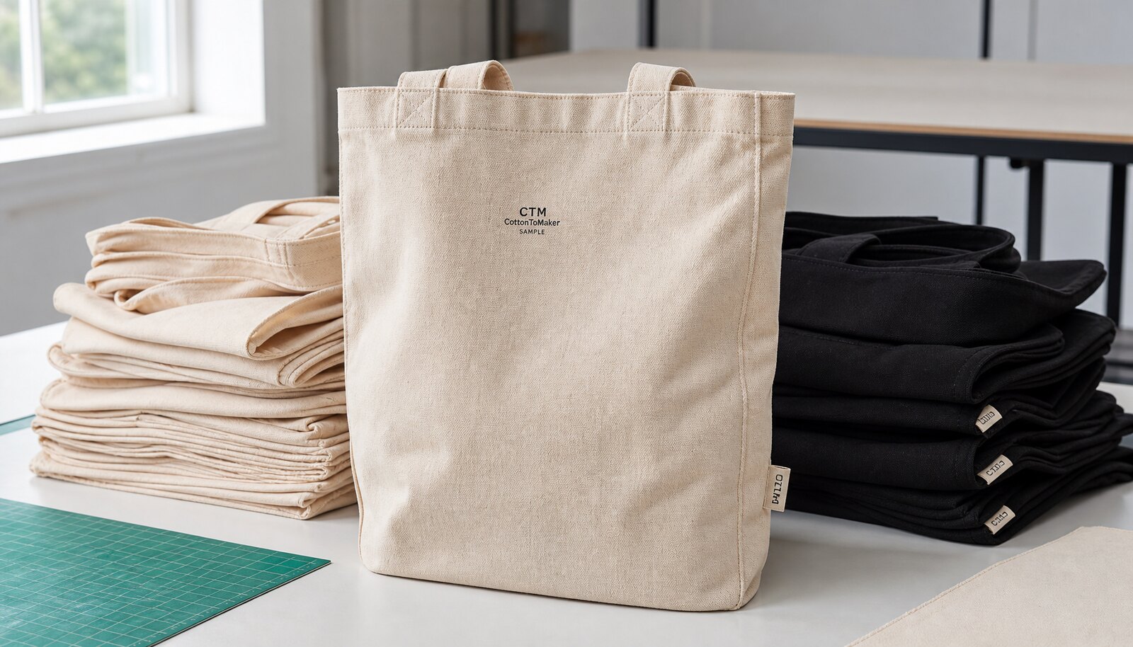 Recycled canvas tote bag with a small CTM/CottonToMaker sample logo printed on the front in a clean factory sample room.
