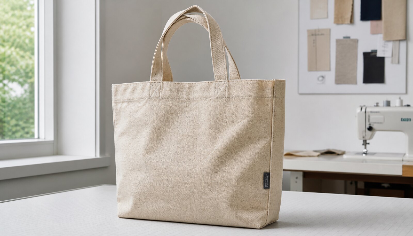 Recycled canvas tote with CTM woven side label in a factory sample room