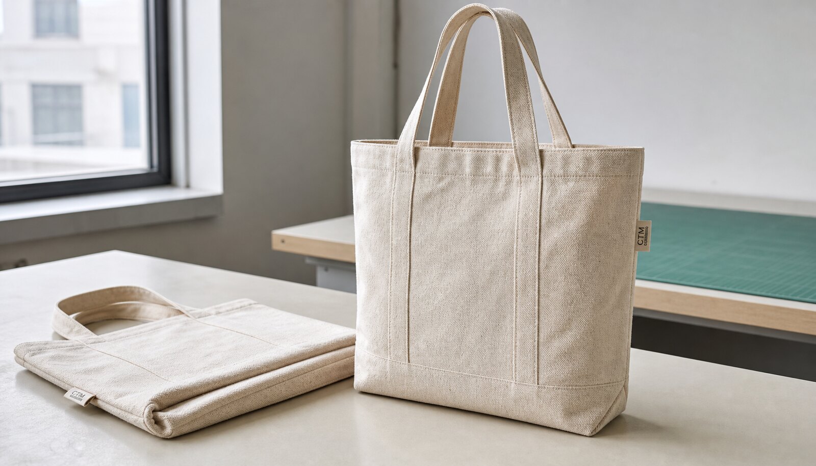 Photorealistic recycled canvas tote bags with a small CottonToMaker woven side label in a factory sample room