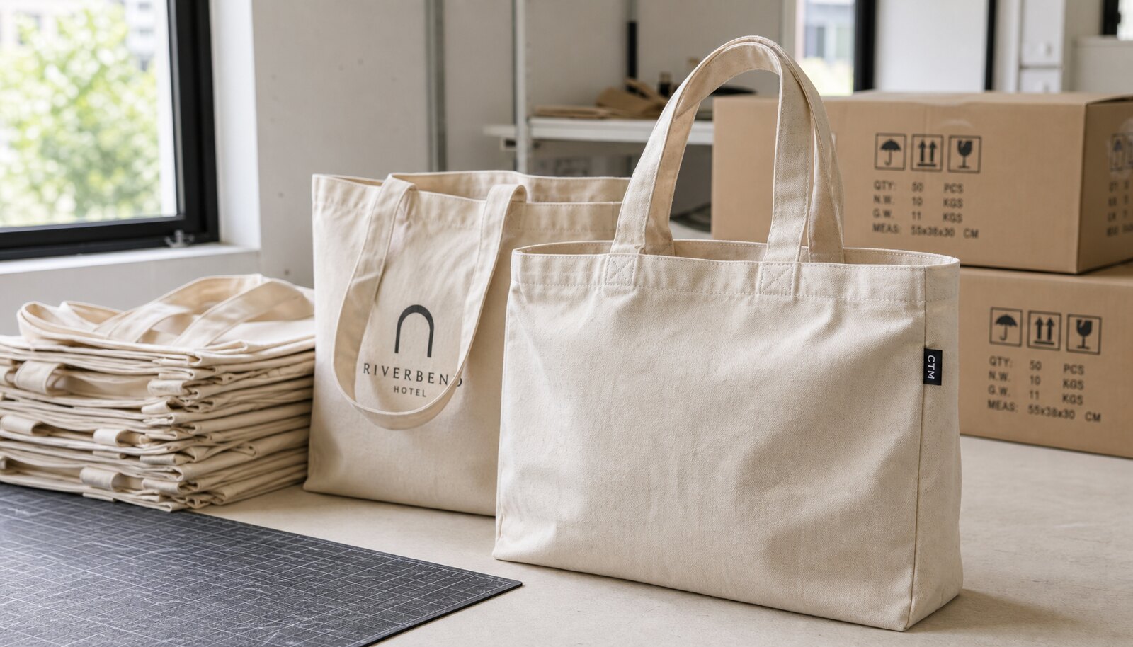 Recycled canvas tote bags for hotel packaging with a small CTM woven side label in a factory sample room