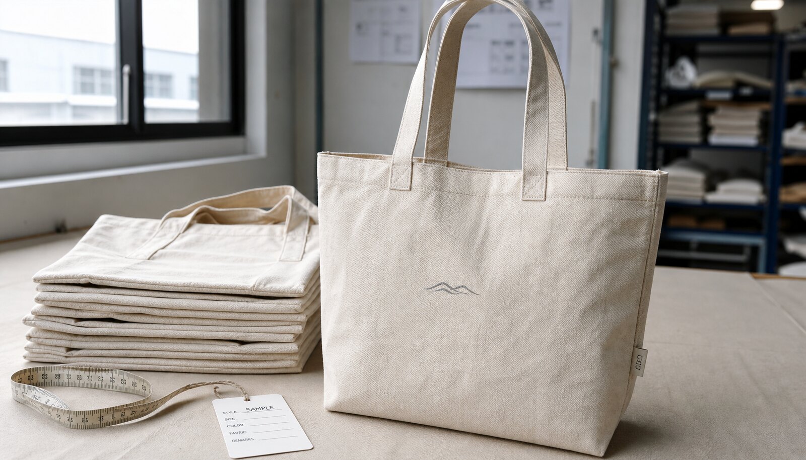 Recycled canvas tote bag with a small CTM CottonToMaker side label in a factory sample room