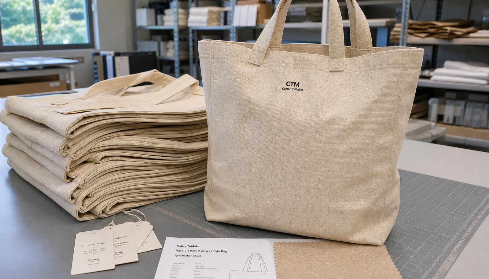 Recycled canvas tote bags with a simple CTM logo in a factory sample room
