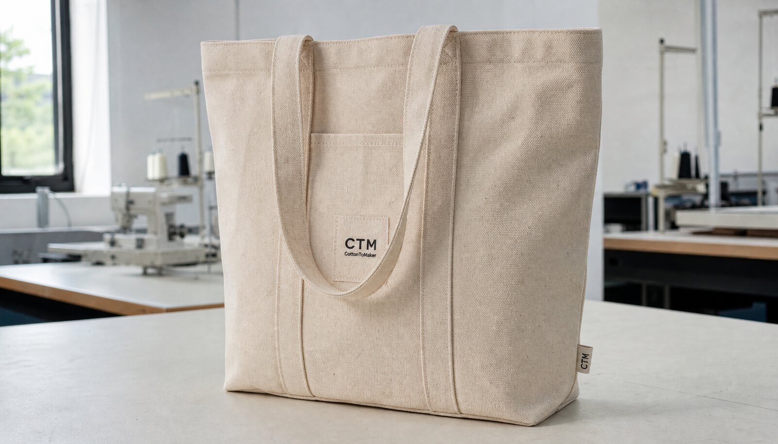 Recycled canvas tote bag with a small CTM CottonToMaker logo printed in a clean factory sample room