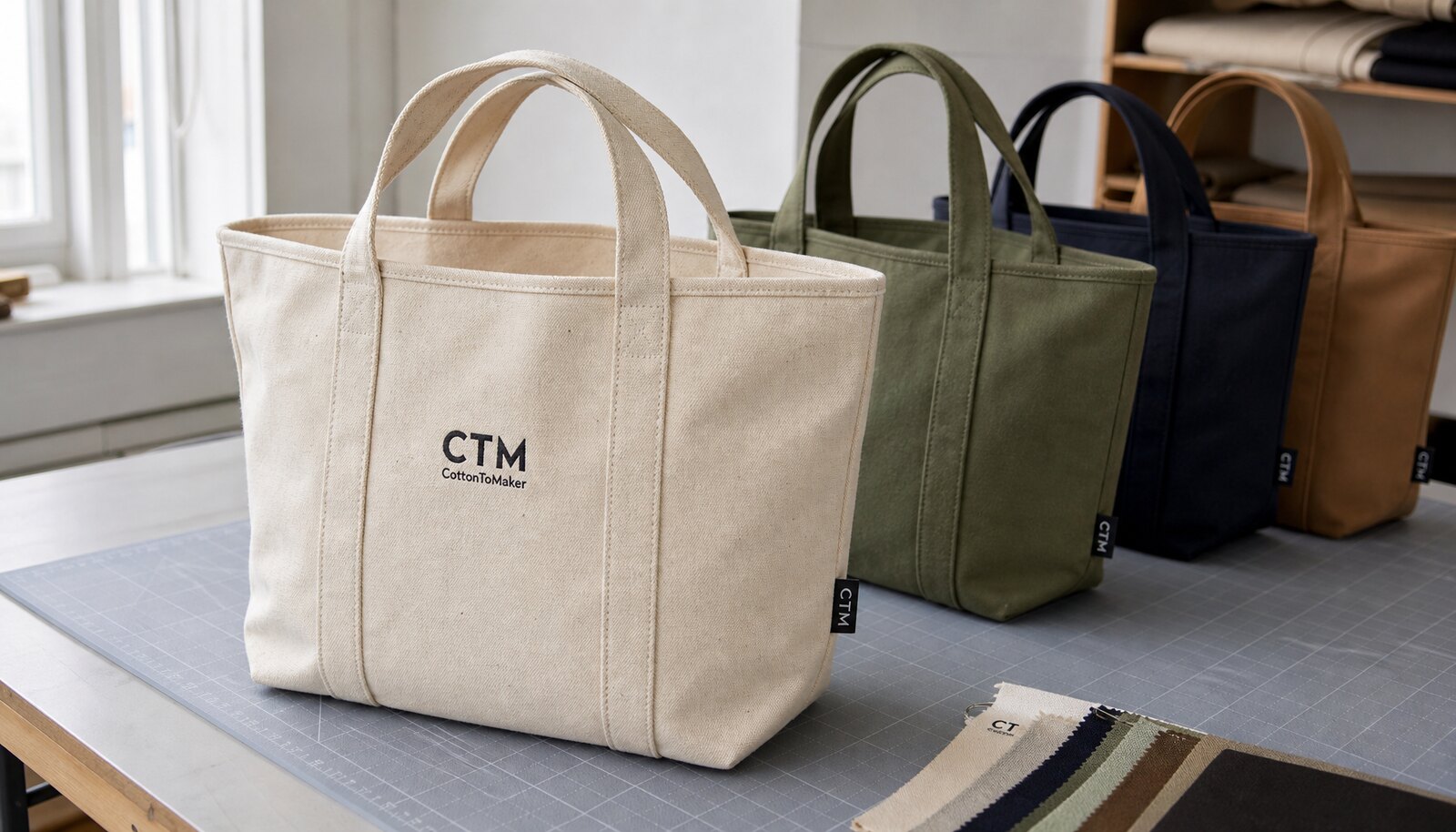 Recycled canvas tote bags with a simple CTM CottonToMaker sample logo in a factory sample room