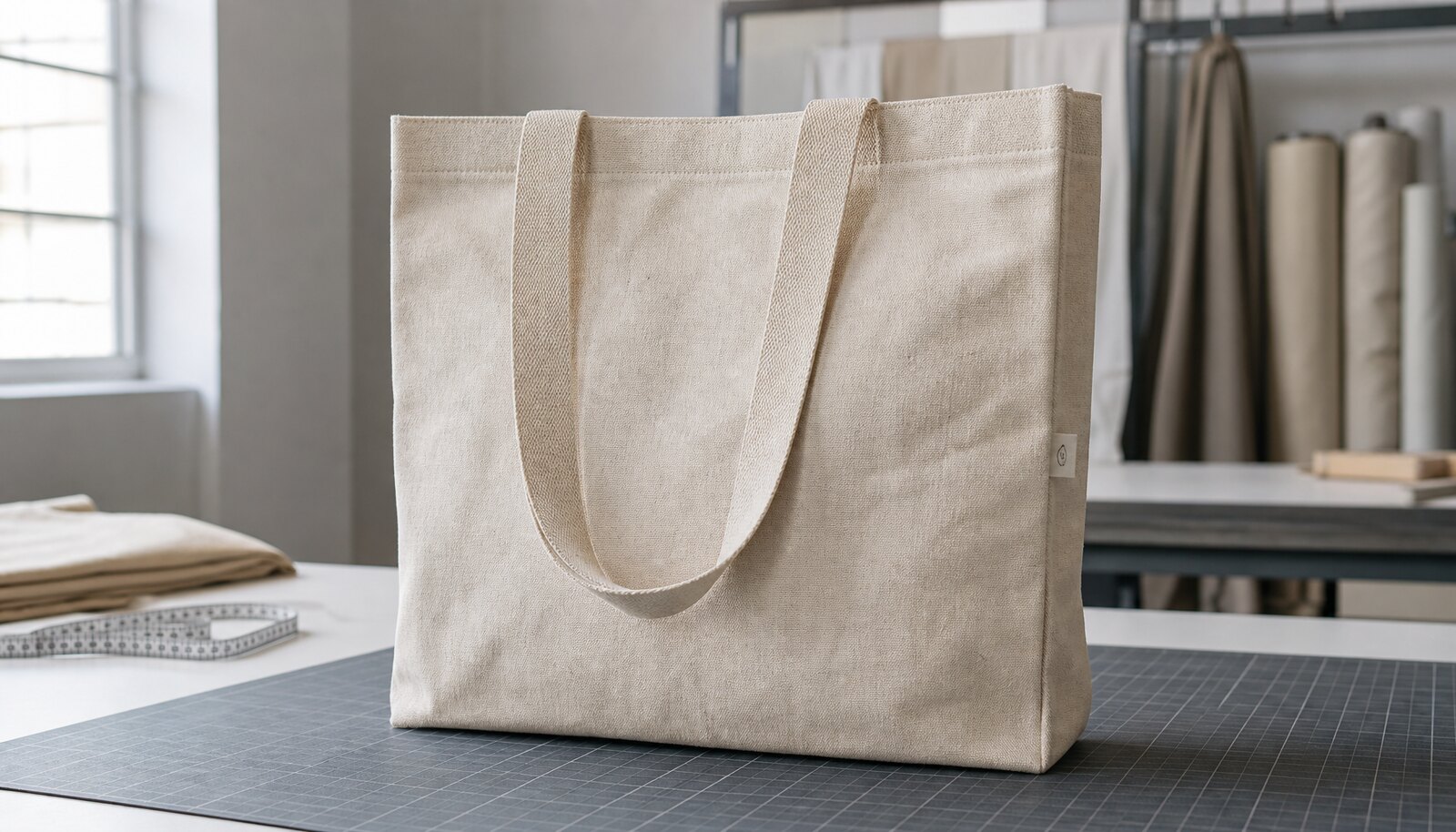 Recycled canvas tote bag with a simple CTM/CottonToMaker side label shown in a factory sample room