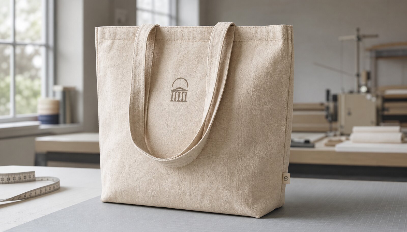 Recycled canvas tote bag with a stitched CottonToMaker side label shown in a clean sample room