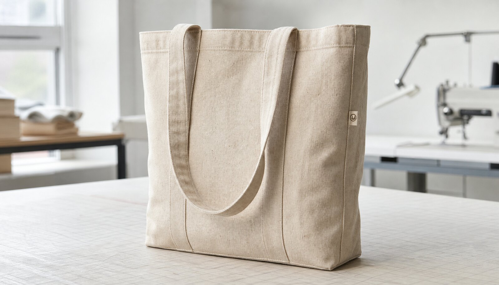 A recycled canvas tote with a simple CTM/CottonToMaker logo printed in a clean factory sample room, photographed on a worktable.