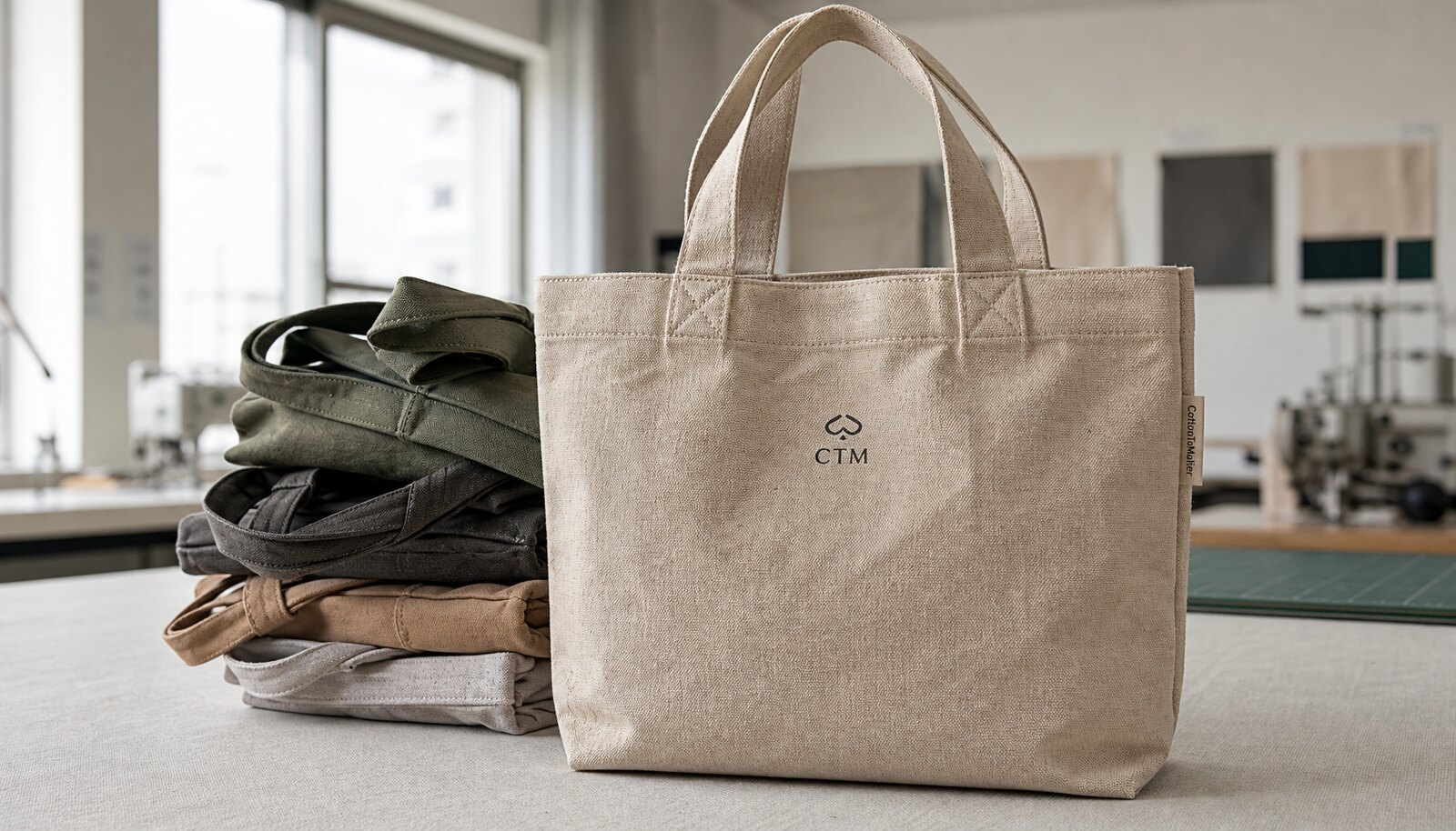 Recycled canvas tote bag with CTM CottonToMaker sample logo in a clean factory sample room