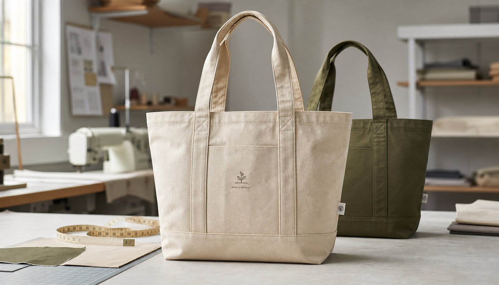 Recycled canvas tote bag with CTM sample logo shown in a clean factory sample room