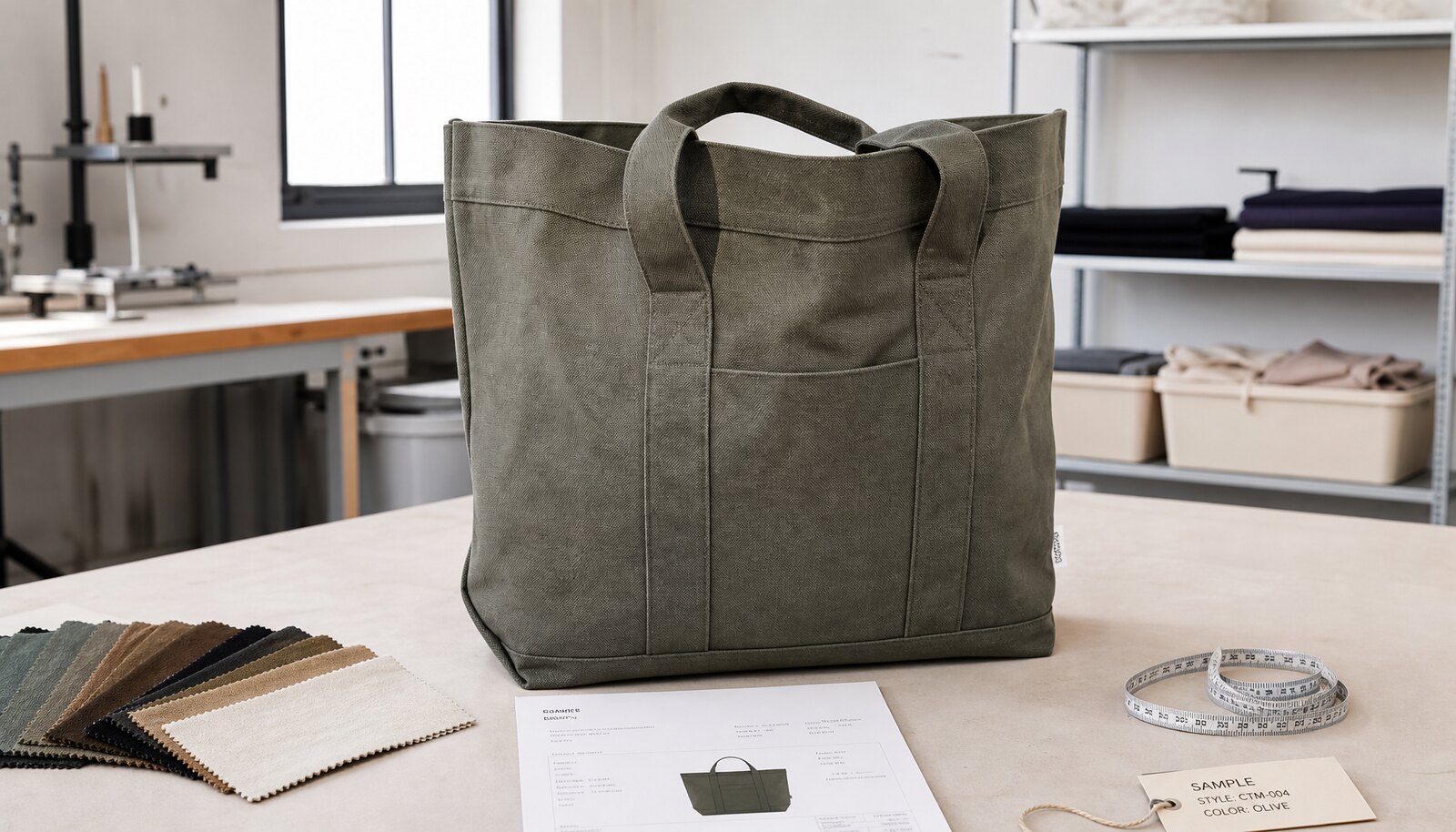 Photorealistic recycled canvas tote bag with a small CTM side label in a clean factory sample room