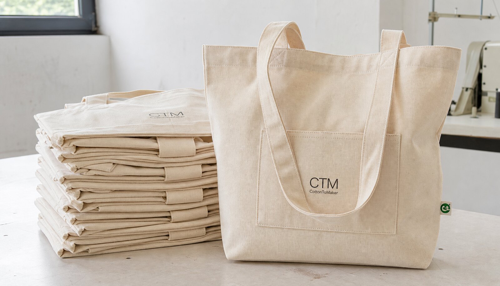 Recycled canvas school tote with a simple CTM logo in a clean factory sample room