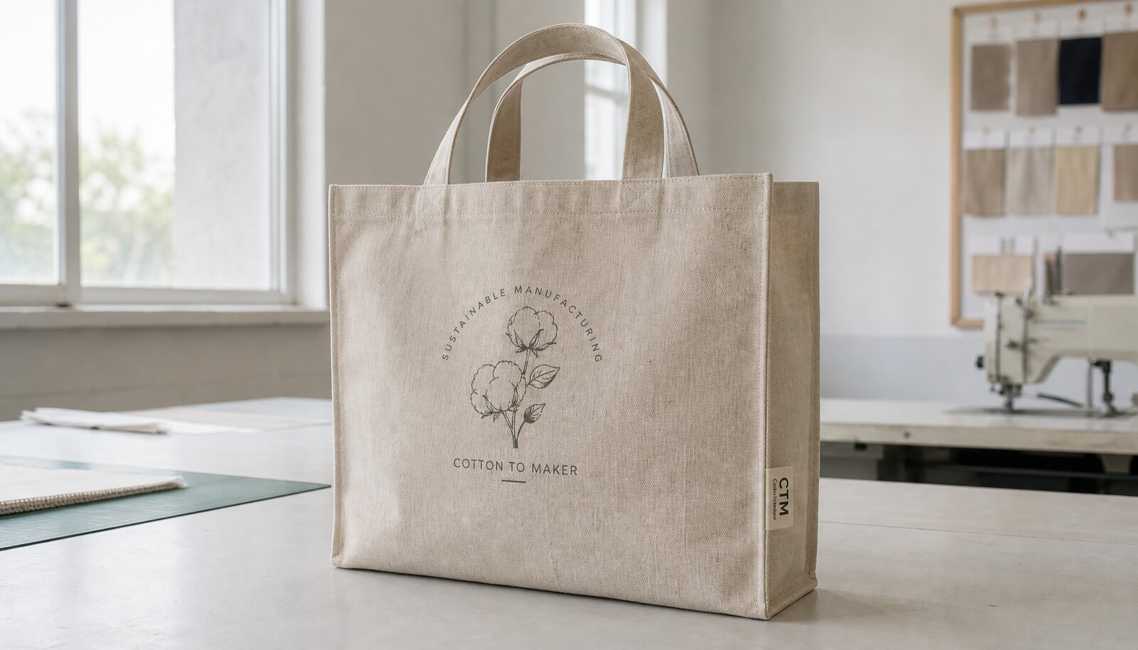 Photorealistic recycled canvas tote bag with a simple CTM CottonToMaker label in a clean factory sample room