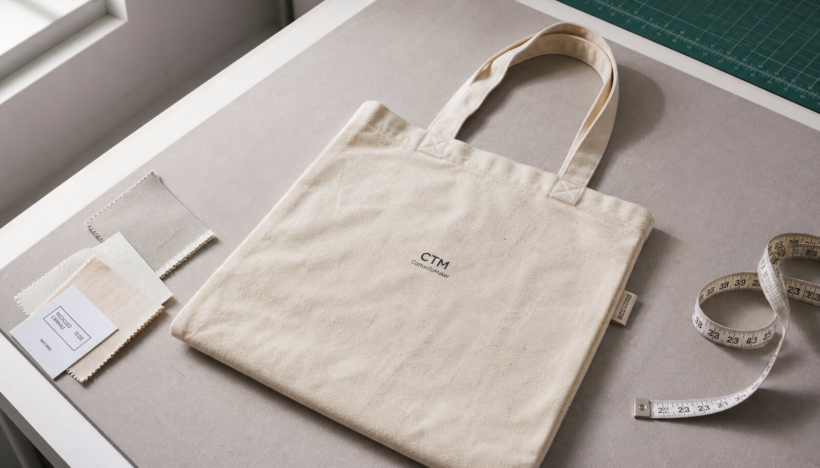 Recycled canvas tote with a simple CTM CottonToMaker sample logo in a clean factory sample room