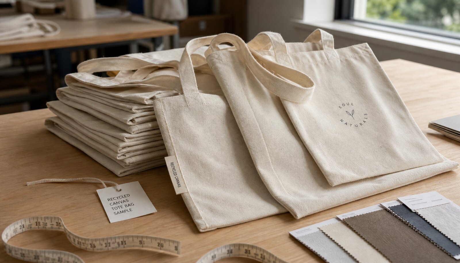 Recycled canvas tote bags in a factory sample room with a simple sample logo on the bag