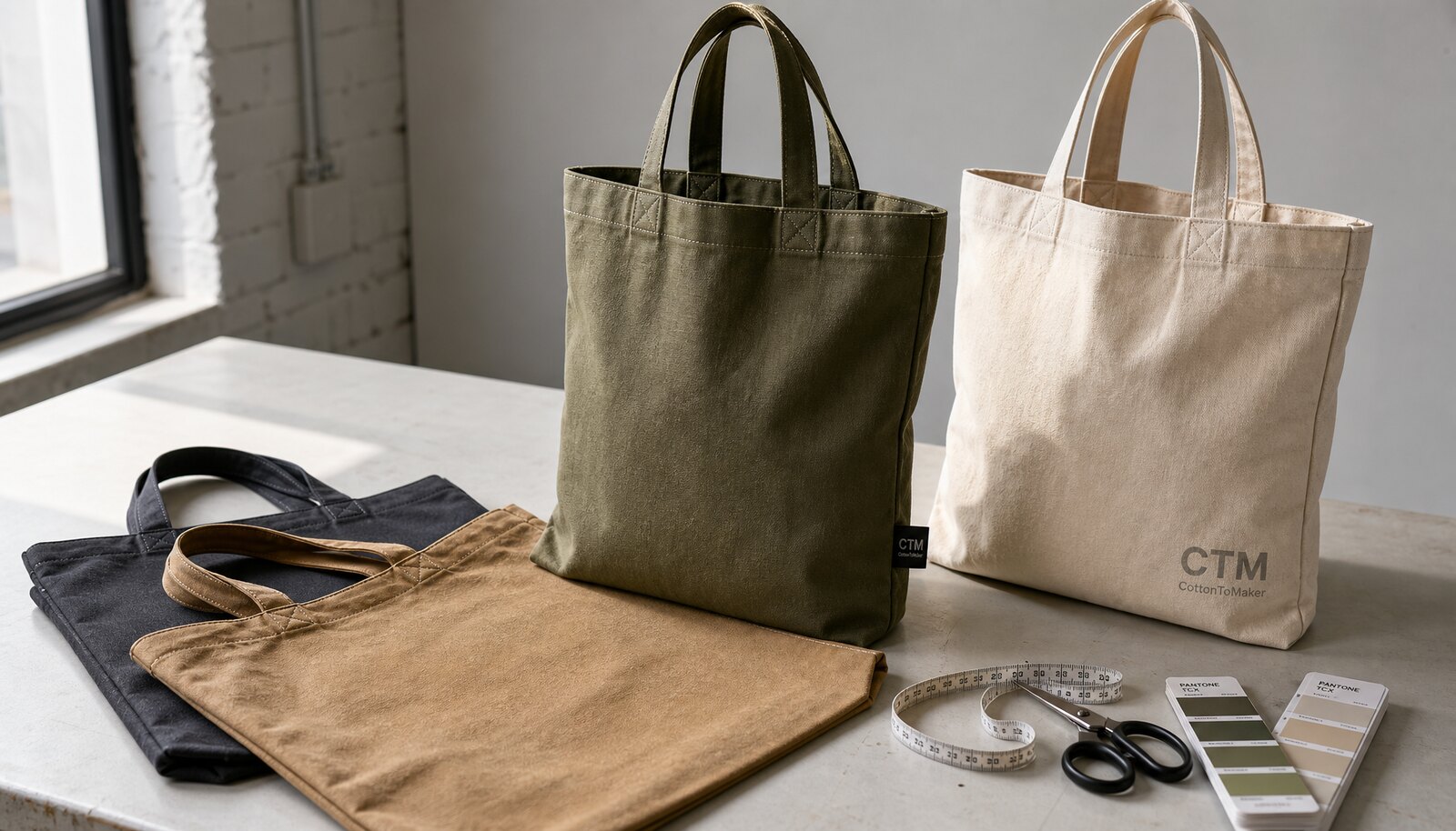 Recycled canvas tote bags with a simple CTM sample logo in a factory sample room