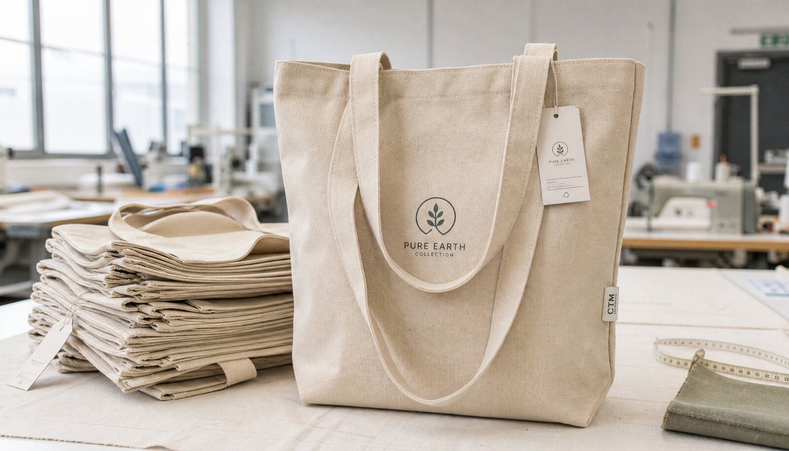 Recycled canvas tote bags with a simple CTM side label in a factory sample room