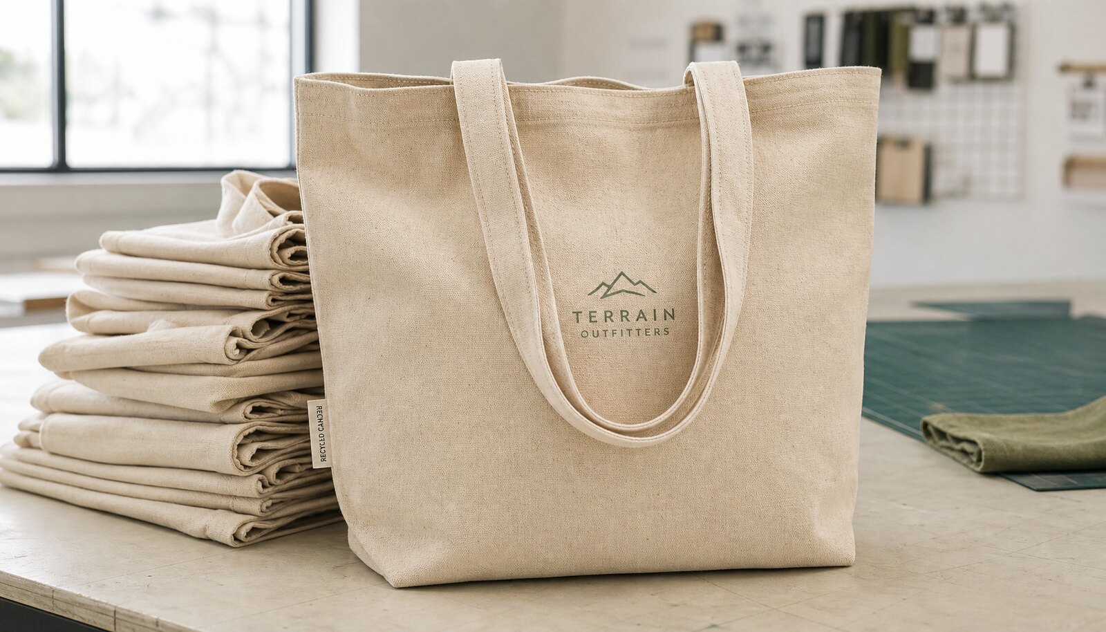Recycled canvas tote bag with CTM CottonToMaker side label in a factory sample room