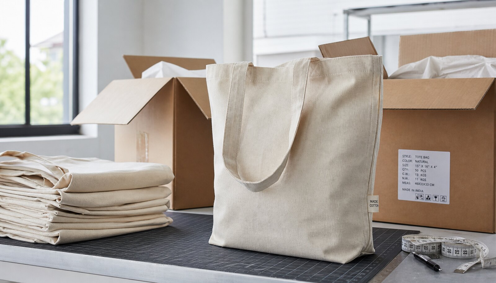 Recycled canvas tote bags with a CottonToMaker side label arranged beside shipping cartons in a factory sample room