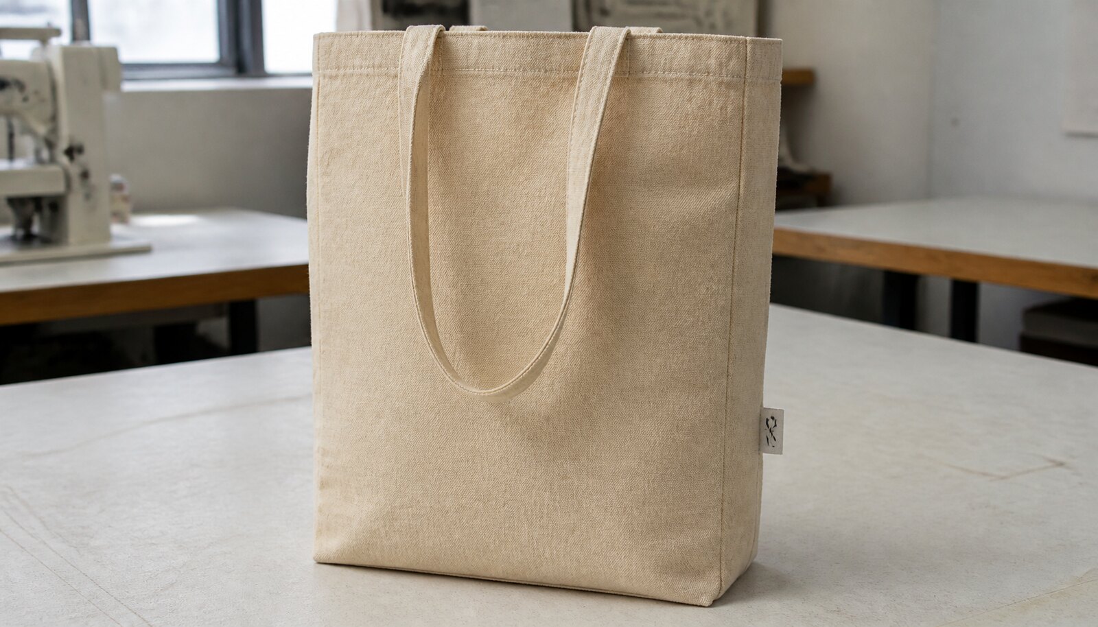 A recycled canvas tote with a simple CTM sample logo shown in a factory sample room