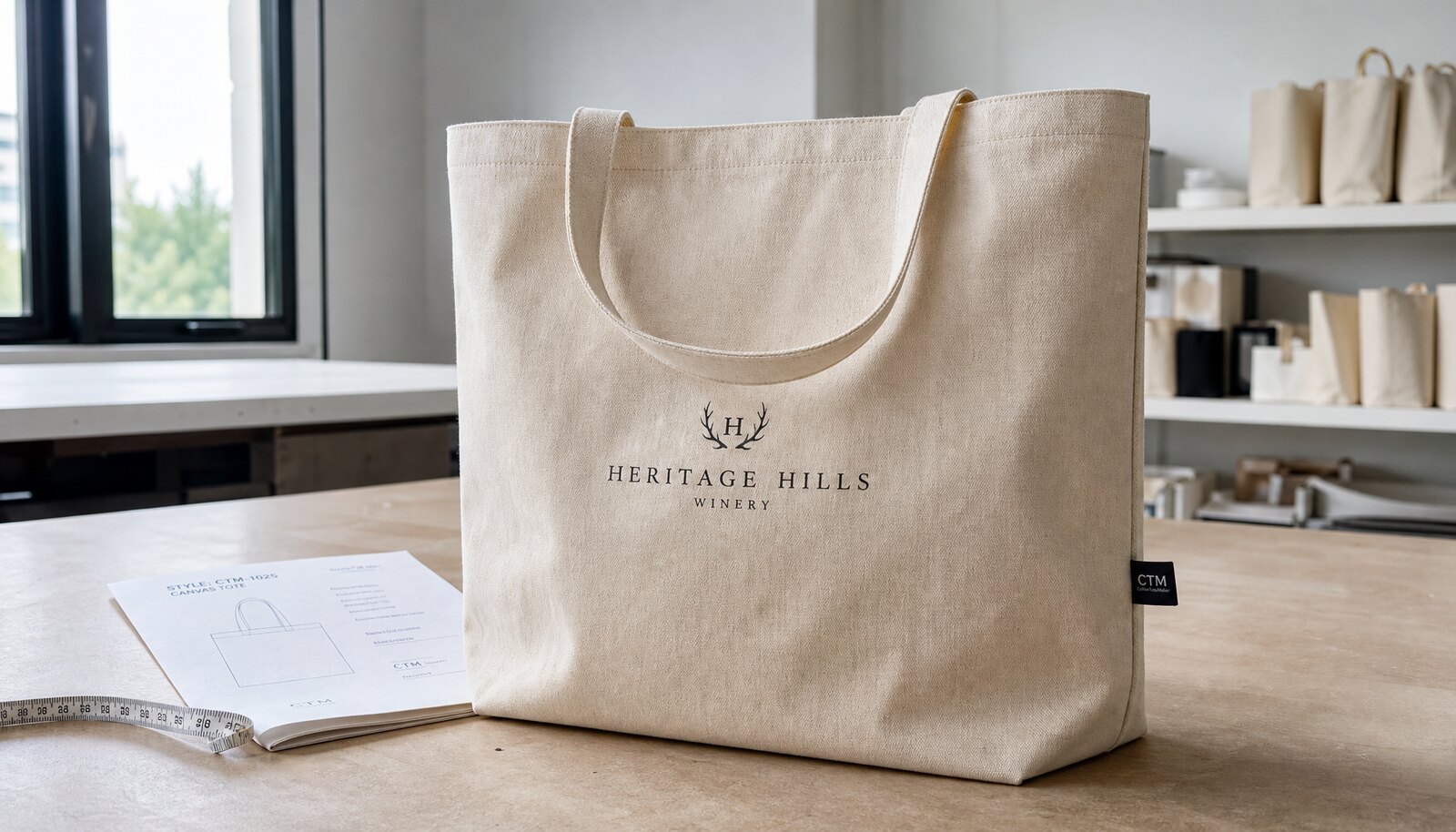 Photorealistic recycled canvas tote with a small CTM CottonToMaker side label shown in a clean factory sample room