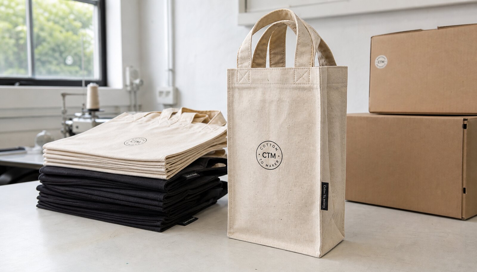 Recycled canvas wine tote with a simple CTM sample logo printed on the bag in a factory sample room