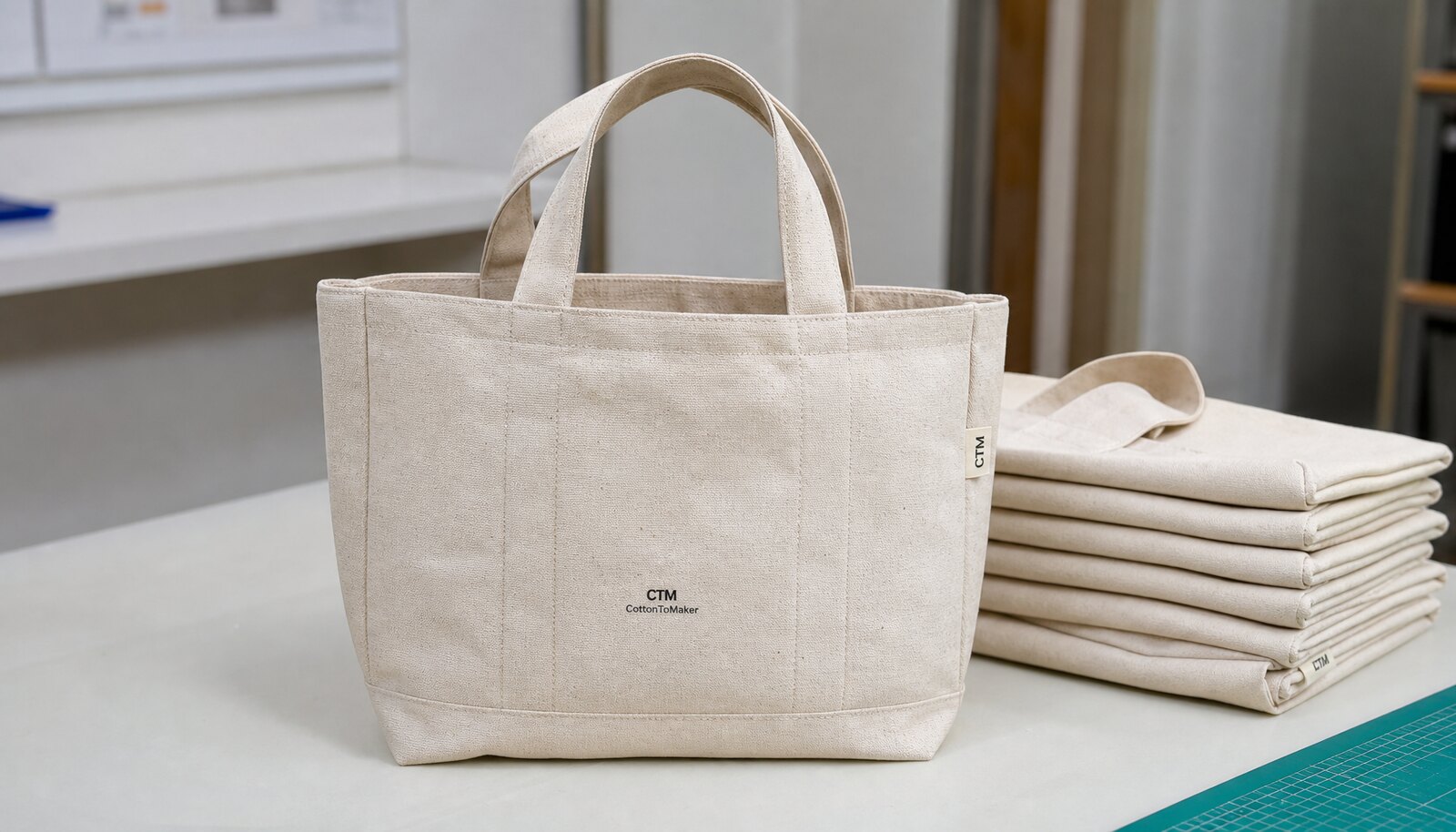Recycled canvas tote sample with CTM CottonToMaker logo printed and stitched in a factory sample room