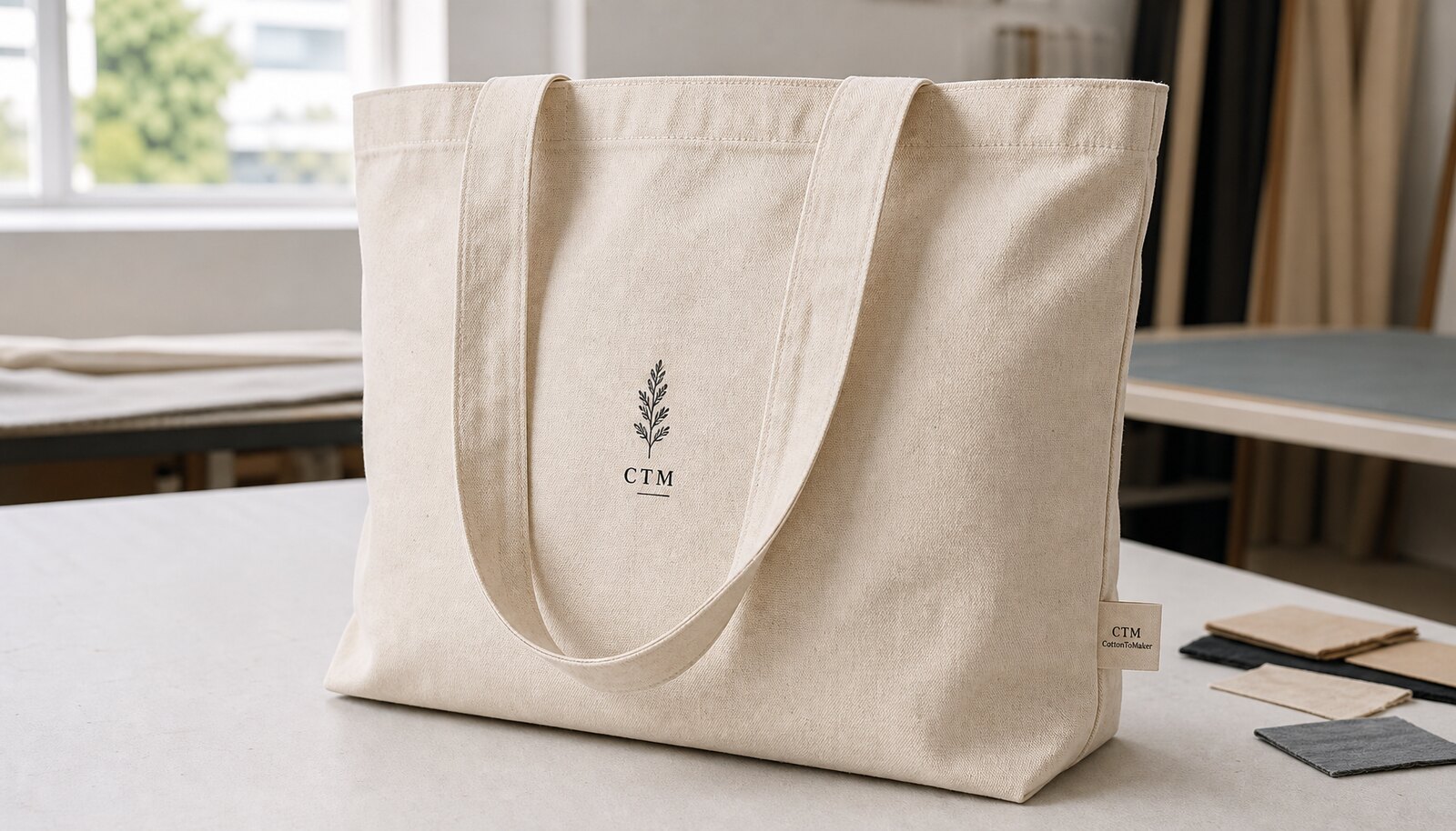 Recycled canvas tote bag with a simple CTM/CottonToMaker sample logo in a clean factory sample room