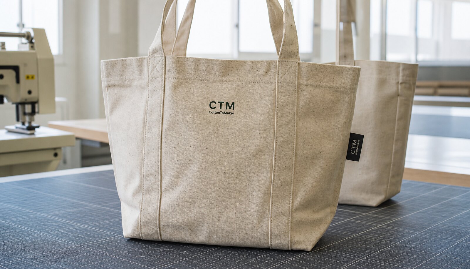 Recycled canvas tote with CTM sample logo in a factory sample room