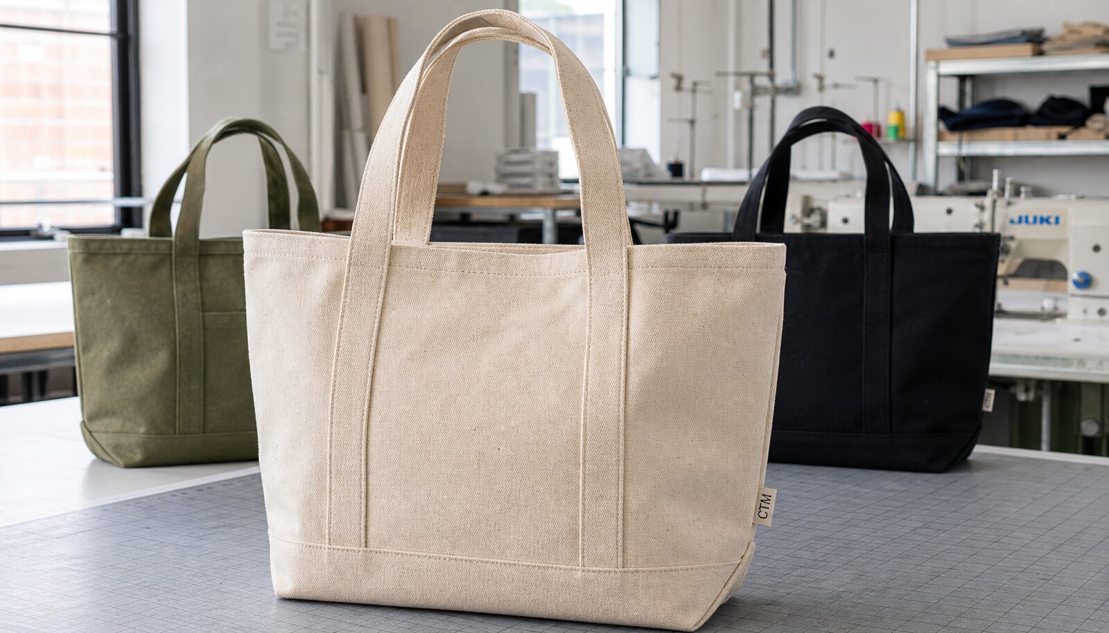 Recycled canvas tote bag with a small CTM CottonToMaker side label in a clean factory sample room