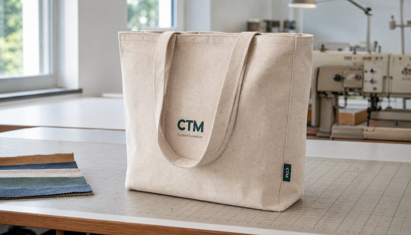 Recycled canvas tote with a simple CTM/CottonToMaker logo shown in a factory sample room
