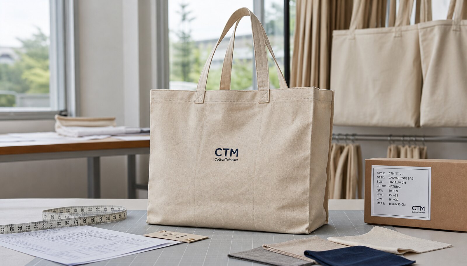 Photorealistic reusable canvas tote sample with a CTM CottonToMaker logo in a factory sample room